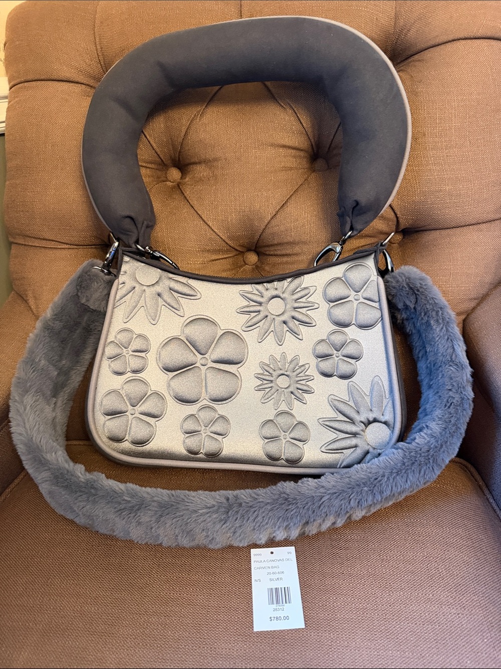 New Paula Canovas Del Vas Silver Floral Embossed Shoulder Bag with Plush Strap